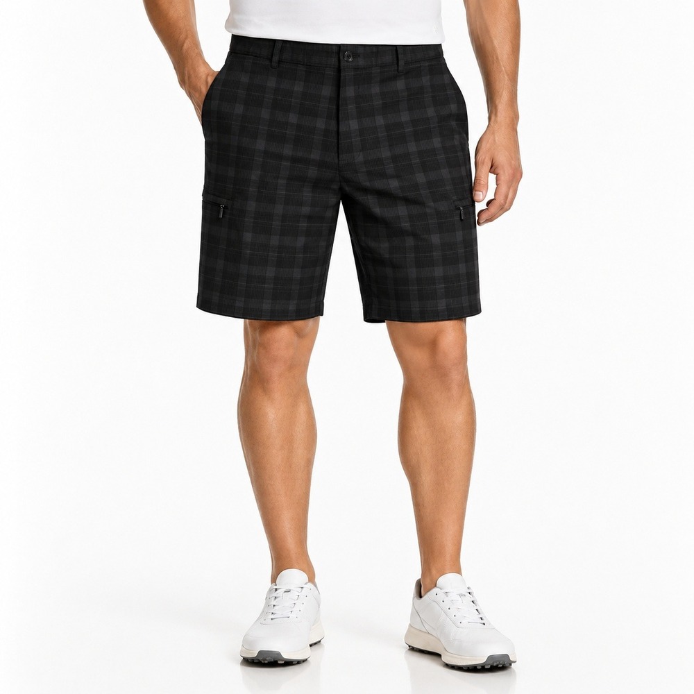 Greg Norman Tasso Elba Mens 42 Golf Shorts Grey Black Plaid‎ Stretch Performance